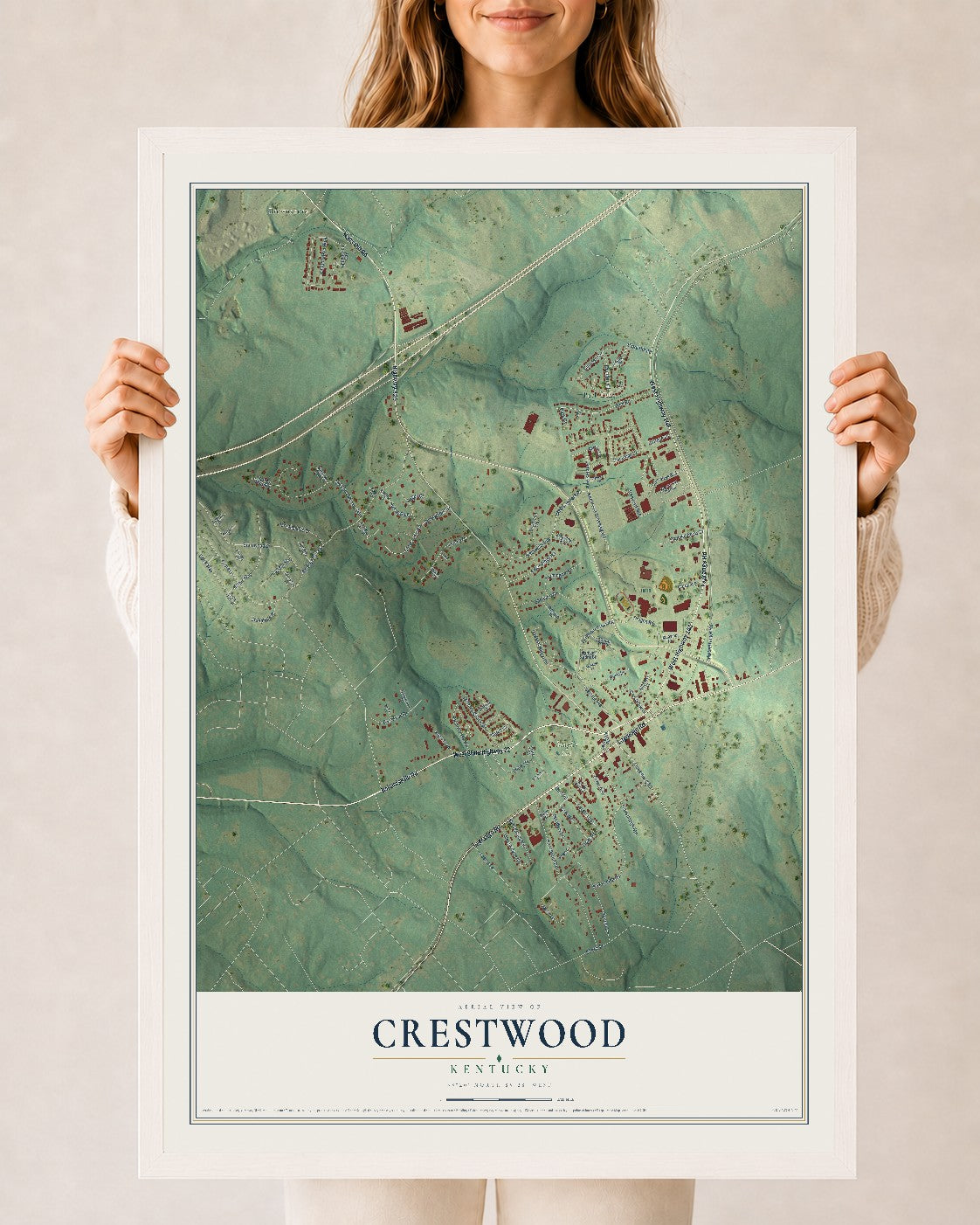 Map of Crestwood, Kentucky, 24 x 36 inch print in a white wood frame