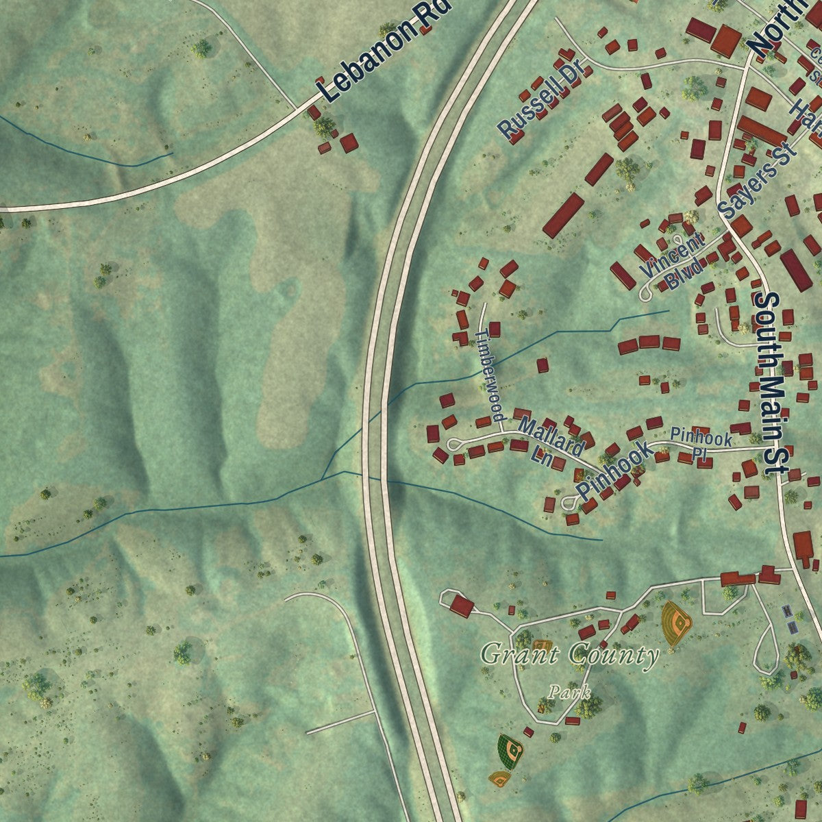 Second close-up of the map of Crittenden, Kentucky print showing more streets and buildings
