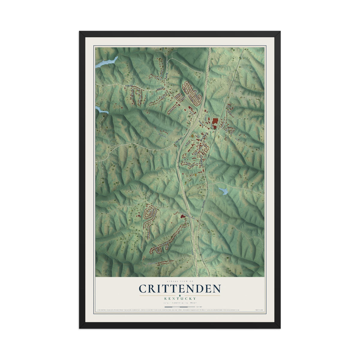 Map of Crittenden, Kentucky, 12 x 18 inch print in a black wood frame