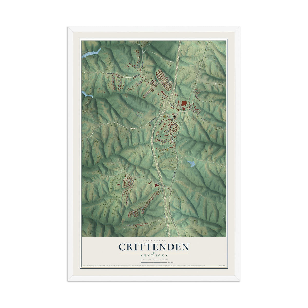 Map of Crittenden, Kentucky, 12 x 18 inch print in a white wood frame