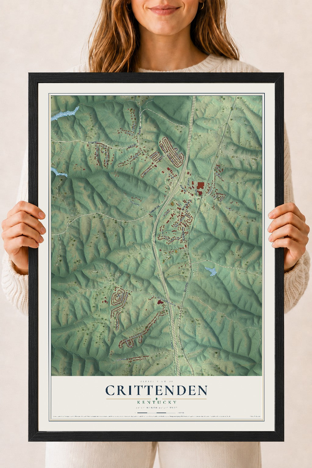 Map of Crittenden, Kentucky, 18 x 24 inch print in a black wood frame