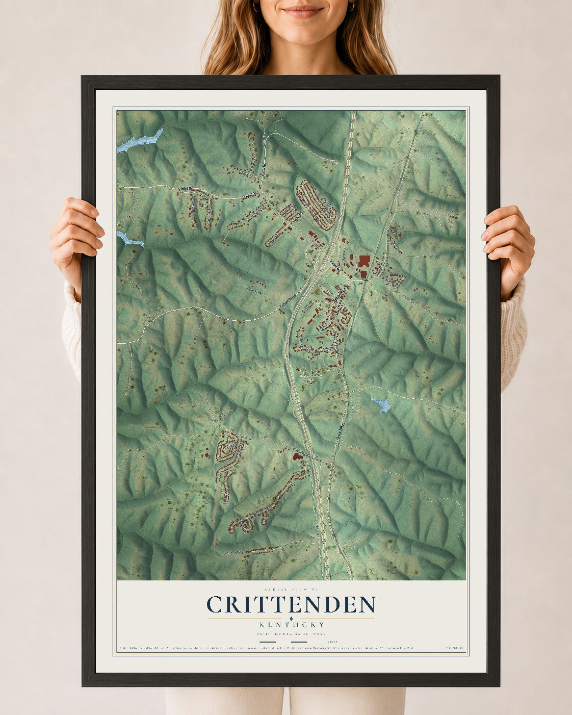Map of Crittenden, Kentucky, 24 x 36 inch print in a black wood frame