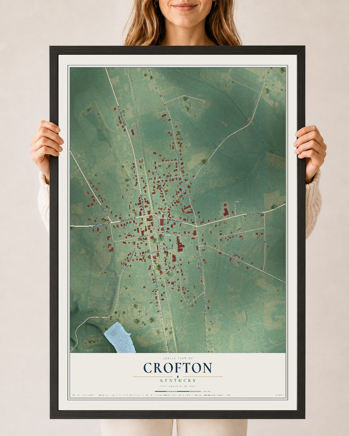 Map of Crofton, Kentucky, 24 x 36 inch print in a black wood frame