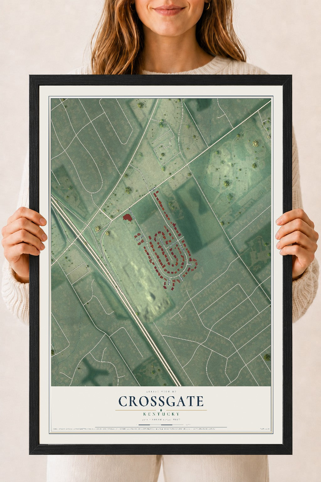 Map of Crossgate, Kentucky, 18 x 24 inch print in a black wood frame