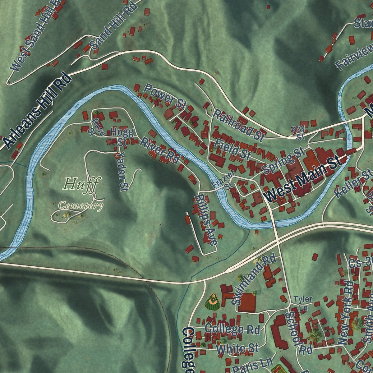 Close-up of the map of Cumberland, Kentucky print showing street and building detail