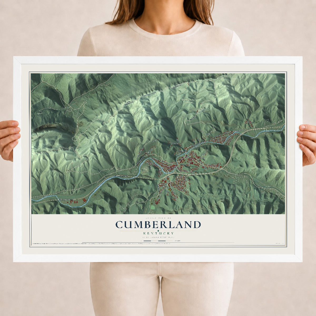 Map of Cumberland, Kentucky, 18 x 24 inch print in a white wood frame
