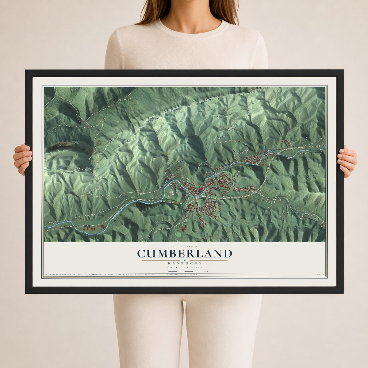 Map of Cumberland, Kentucky, 24 x 36 inch print in a black wood frame