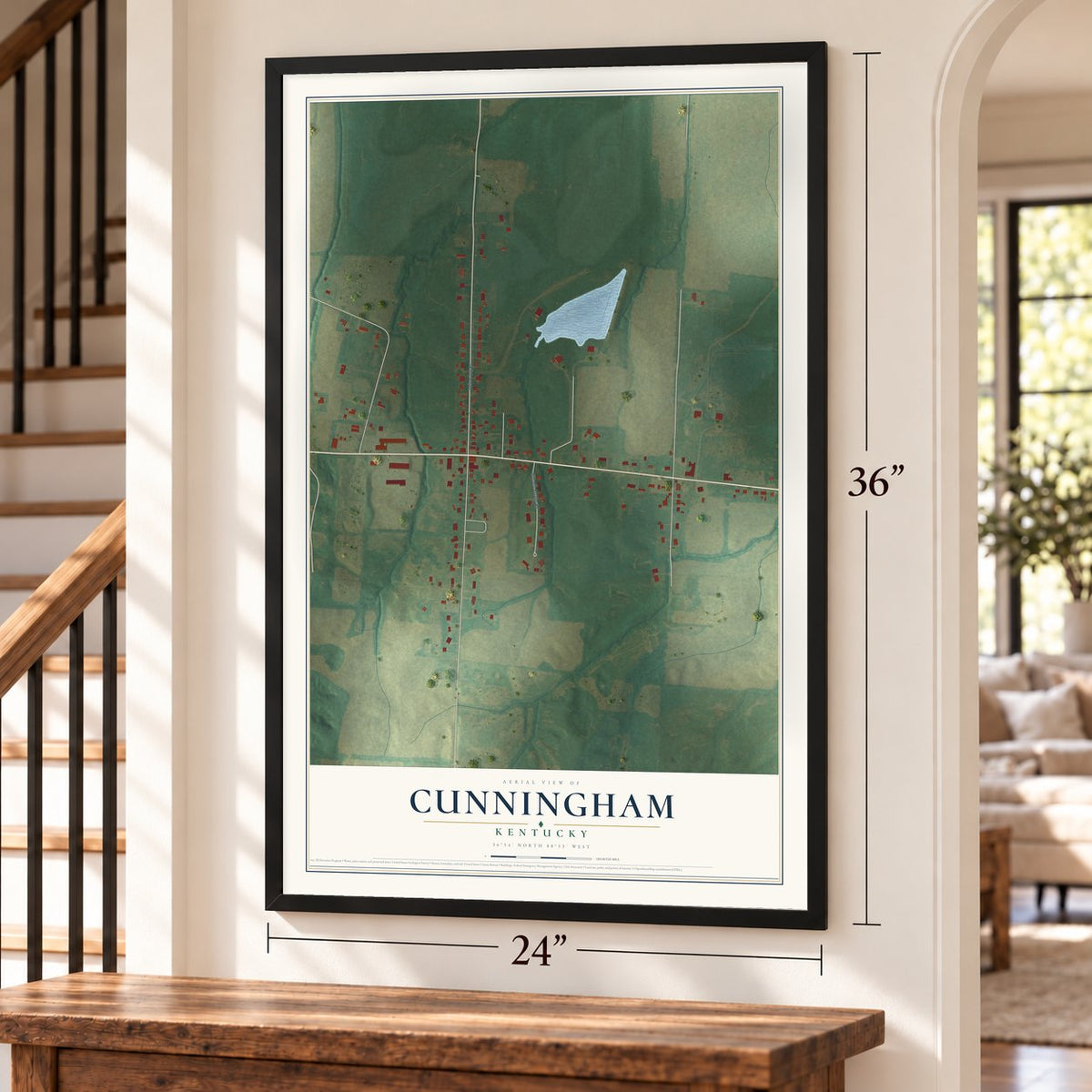 Cunningham, Kentucky map, 24 x 36 inch print in a black frame by a staircase