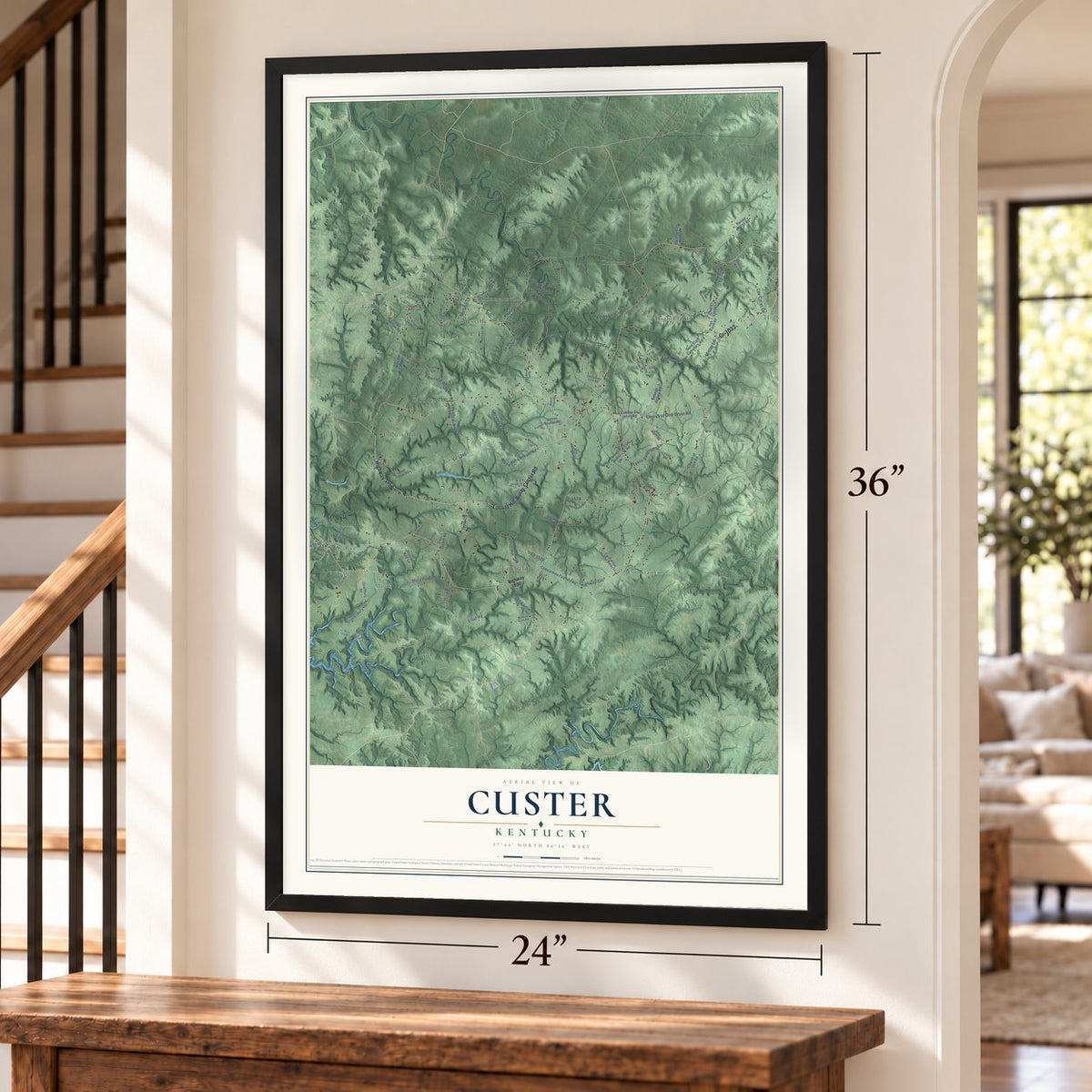 Custer, Kentucky map, 24 x 36 inch print in a black frame by a staircase