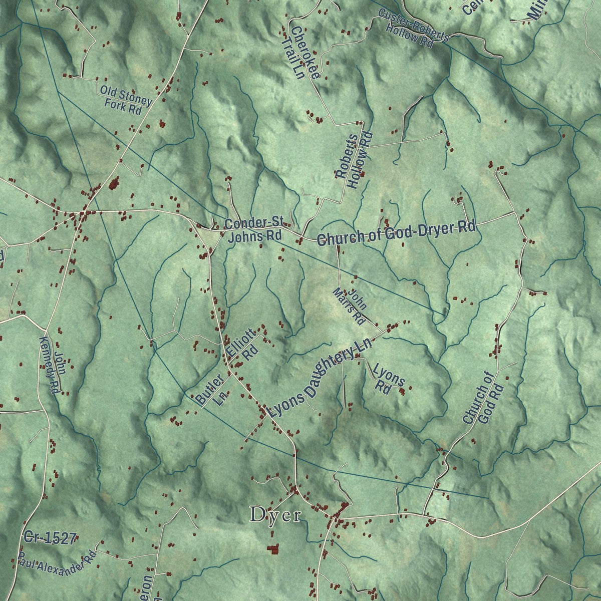 Close-up of the map of Custer, Kentucky print showing street and building detail