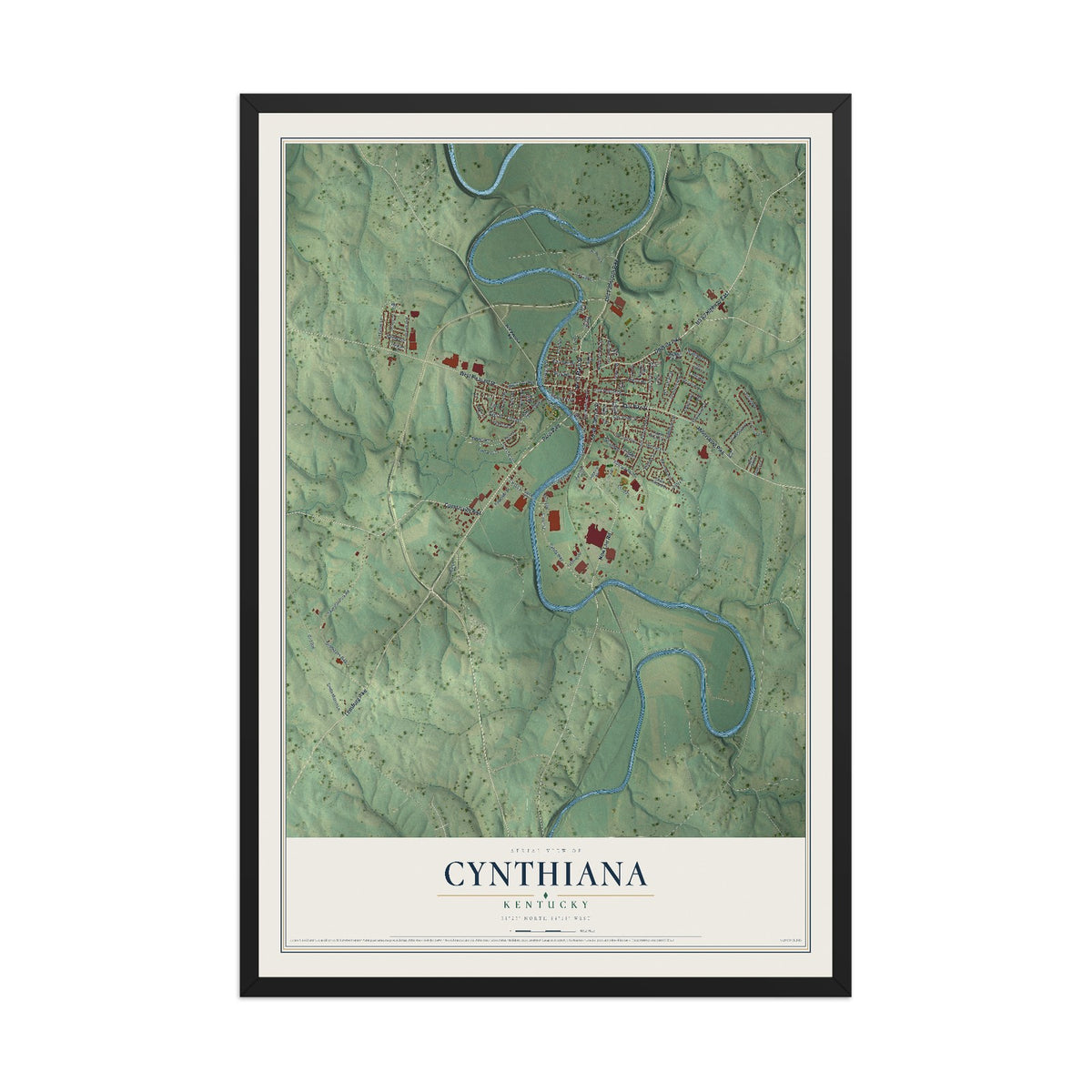 Map of Cynthiana, Kentucky, 12 x 18 inch print in a black wood frame
