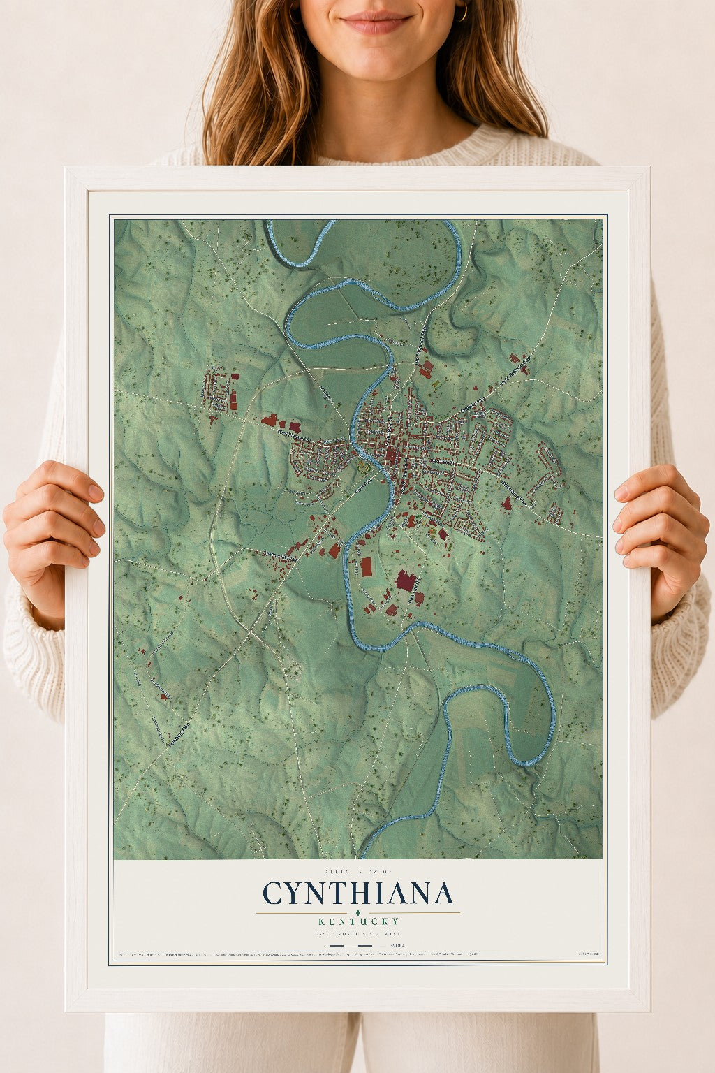 Map of Cynthiana, Kentucky, 18 x 24 inch print in a white wood frame