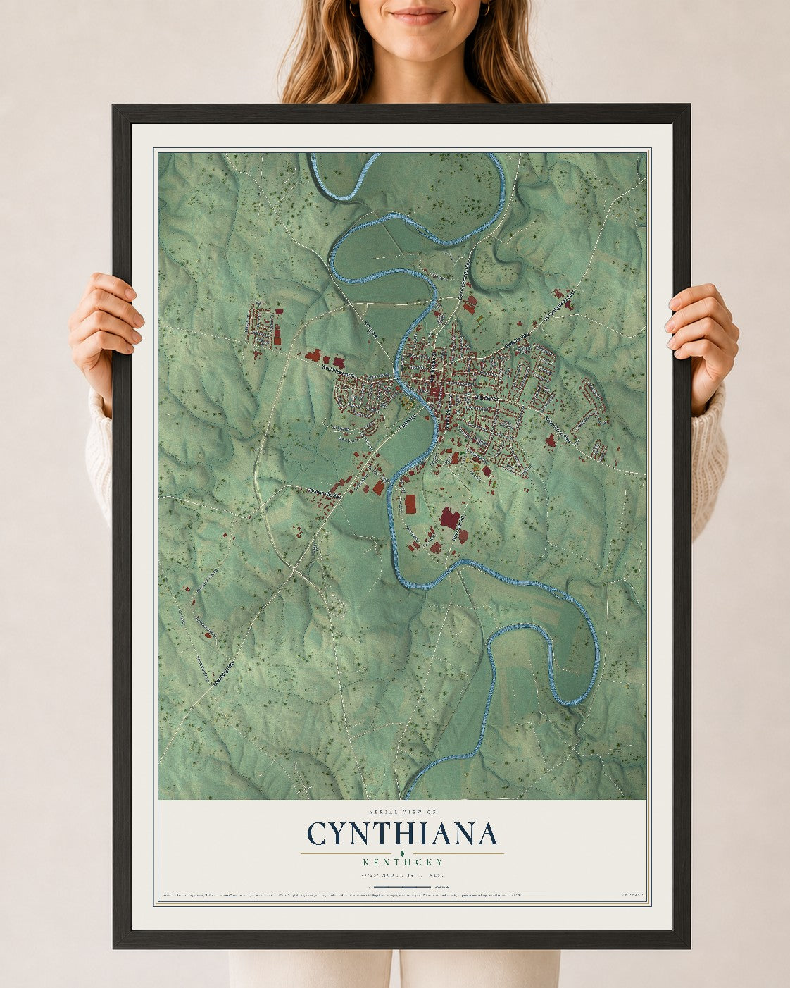 Map of Cynthiana, Kentucky, 24 x 36 inch print in a black wood frame