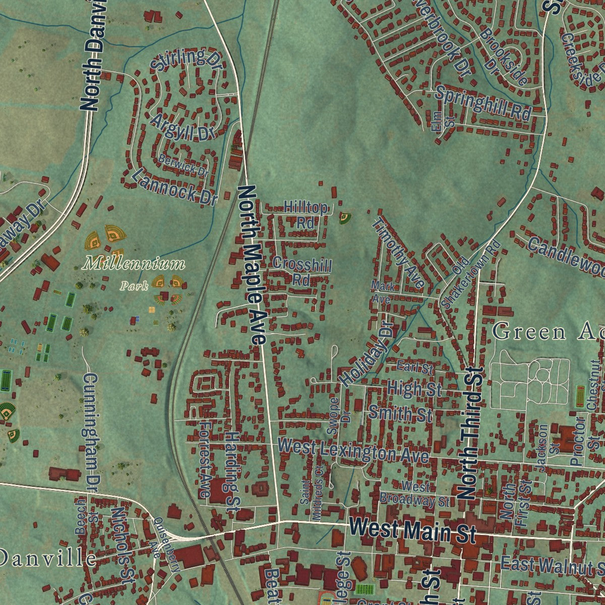 Close-up of the map of Danville, Kentucky print showing street and building detail