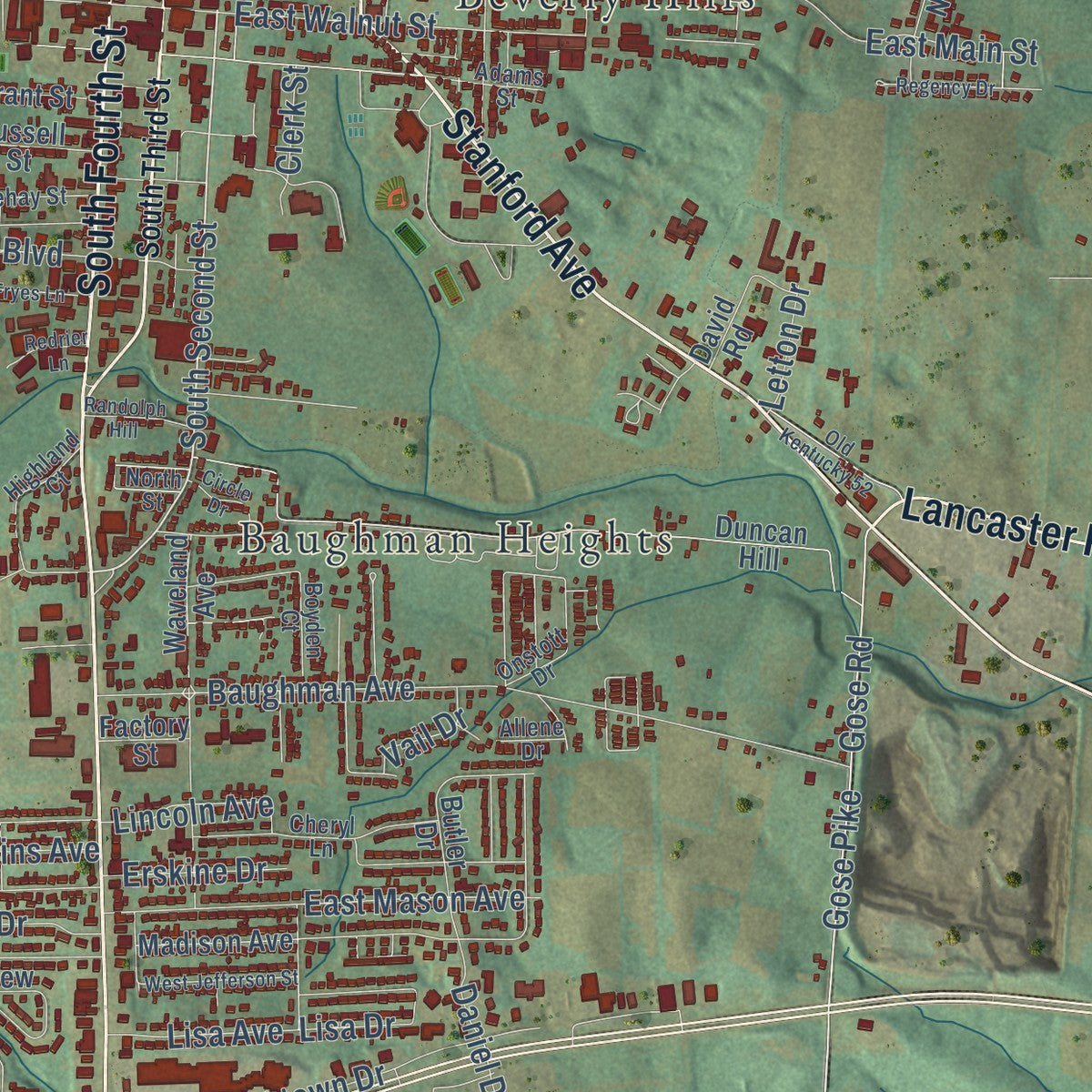 Second close-up of the map of Danville, Kentucky print showing more streets and buildings