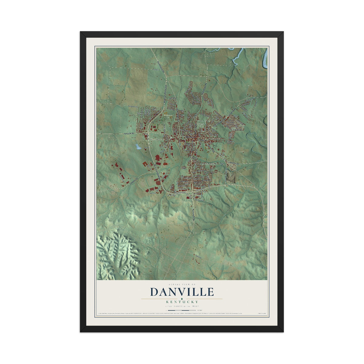 Map of Danville, Kentucky, 12 x 18 inch print in a black wood frame