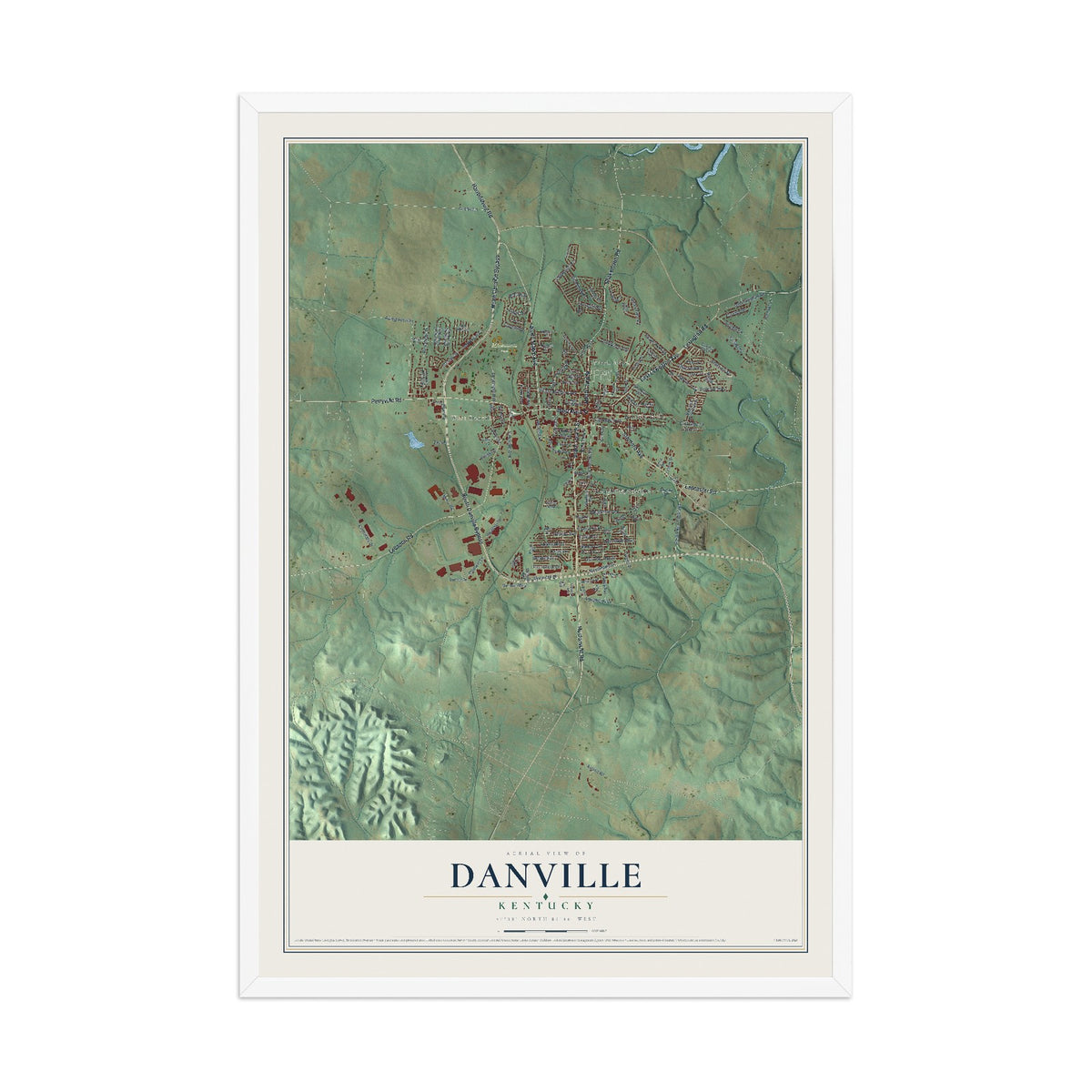 Map of Danville, Kentucky, 12 x 18 inch print in a white wood frame