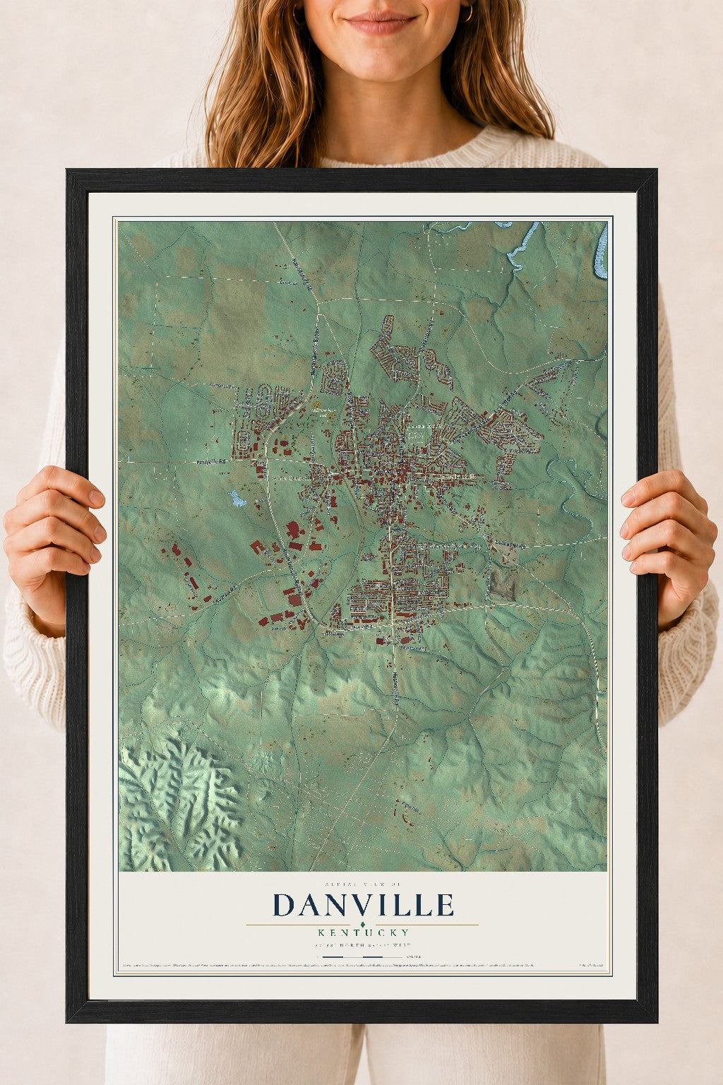 Map of Danville, Kentucky, 18 x 24 inch print in a black wood frame