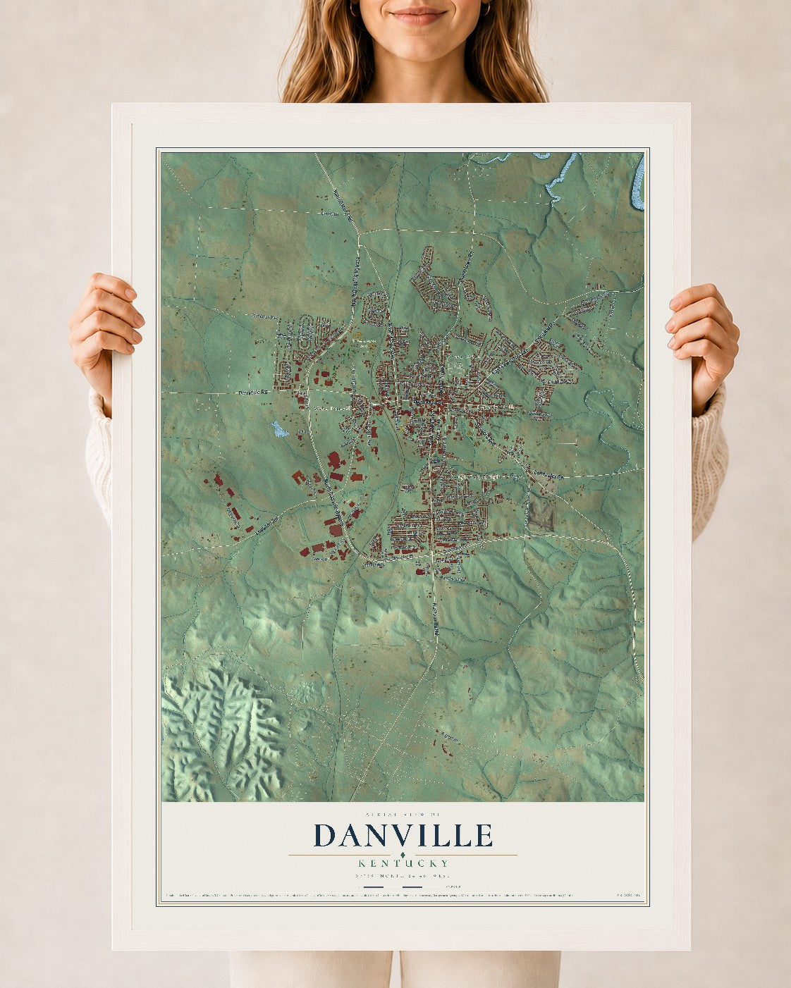 Map of Danville, Kentucky, 24 x 36 inch print in a white wood frame