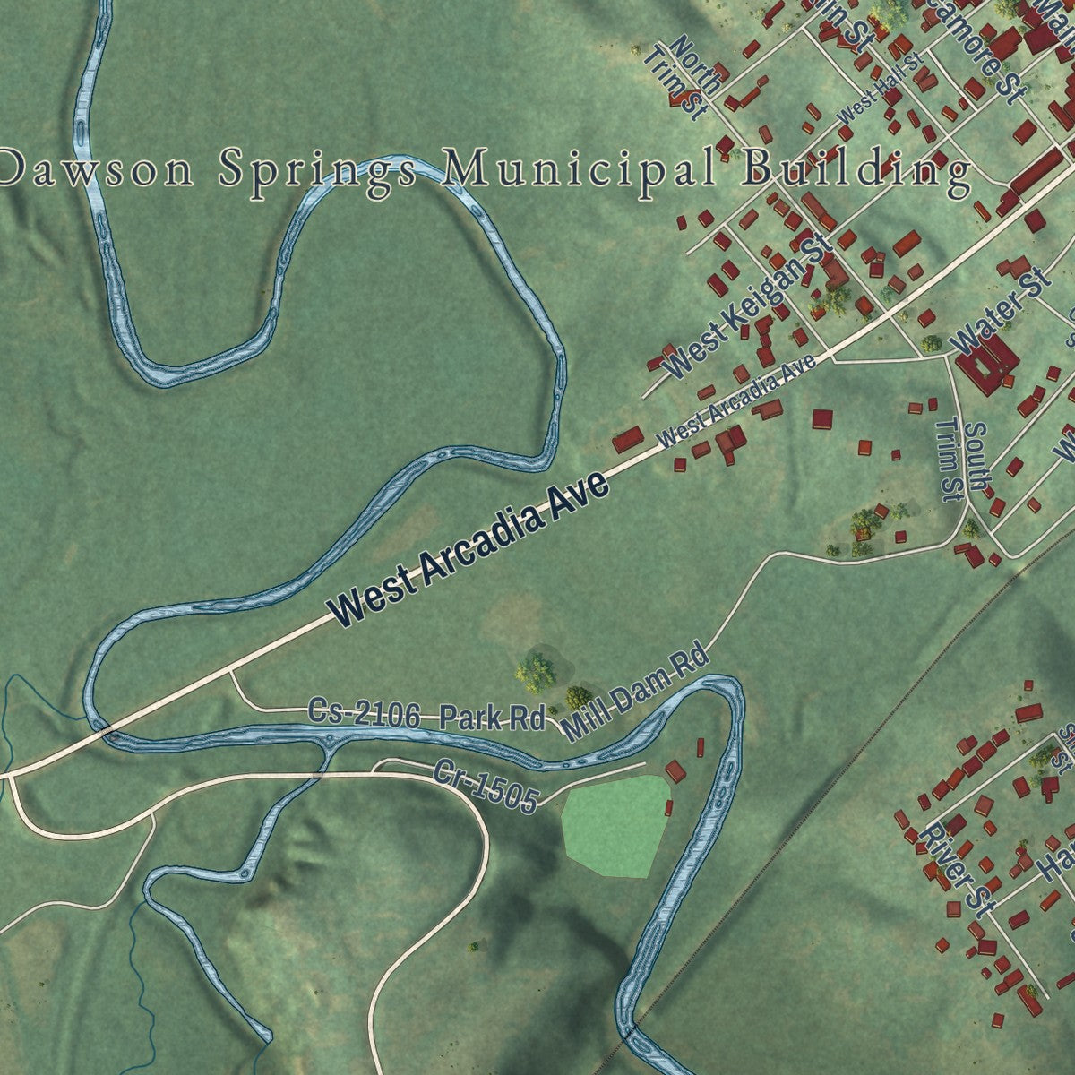 Second close-up of the map of Dawson Springs, Kentucky print showing more streets and buildings