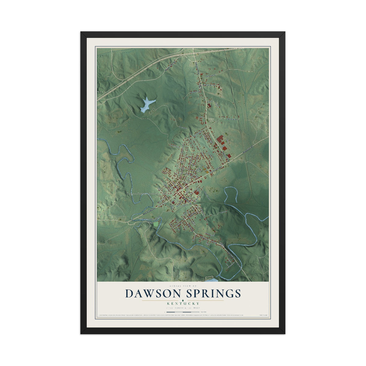 Map of Dawson Springs, Kentucky, 12 x 18 inch print in a black wood frame