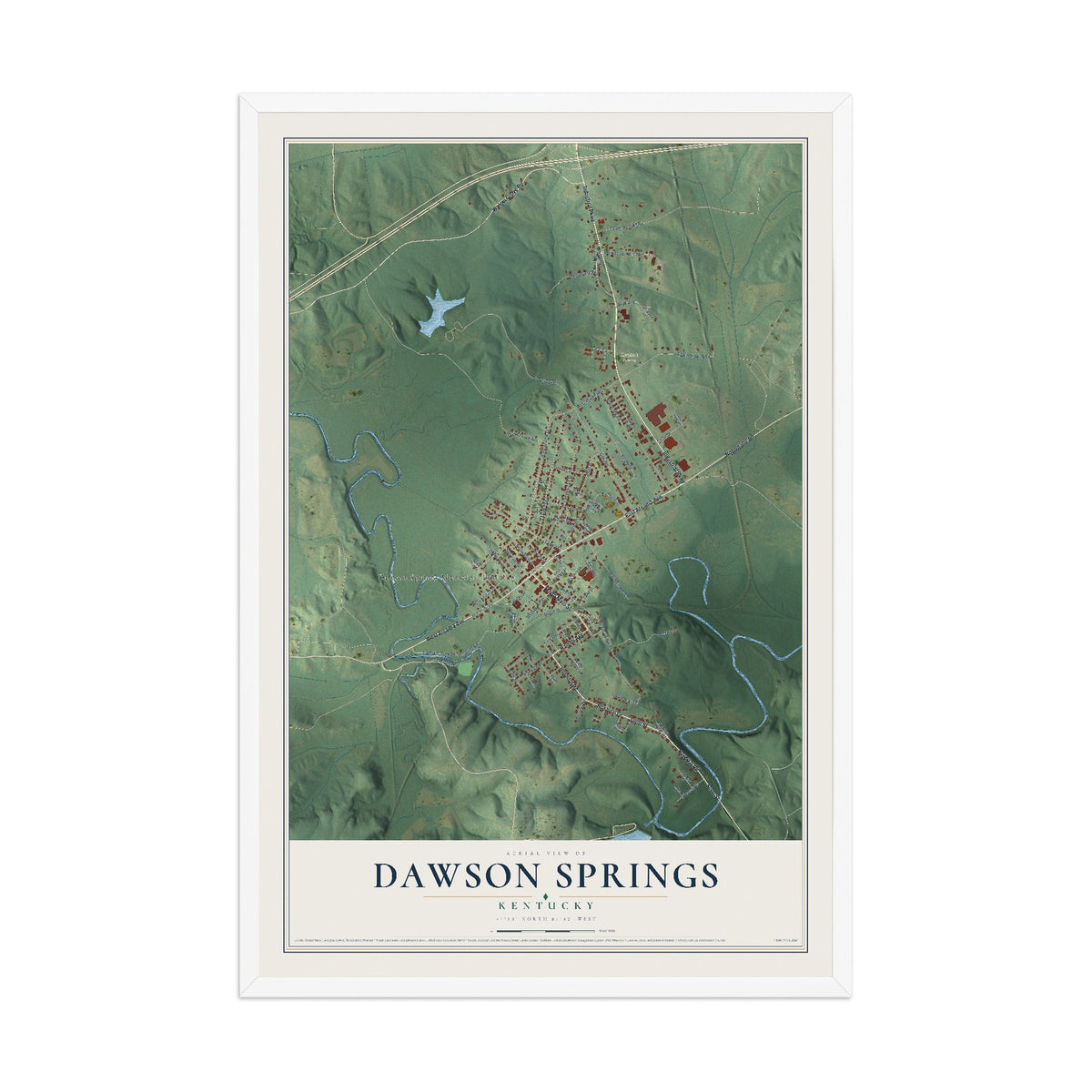 Map of Dawson Springs, Kentucky, 12 x 18 inch print in a white wood frame