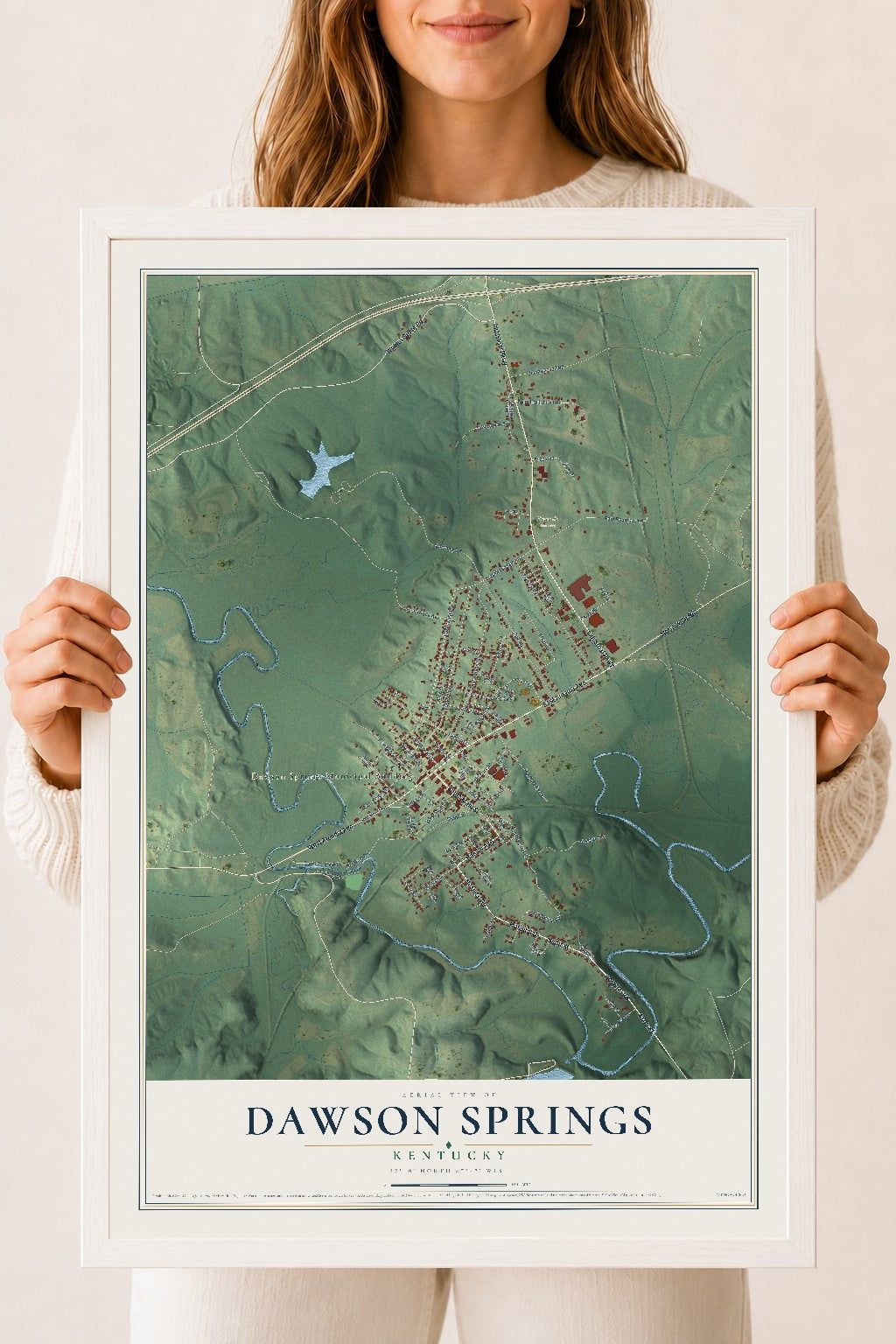 Map of Dawson Springs, Kentucky, 18 x 24 inch print in a white wood frame
