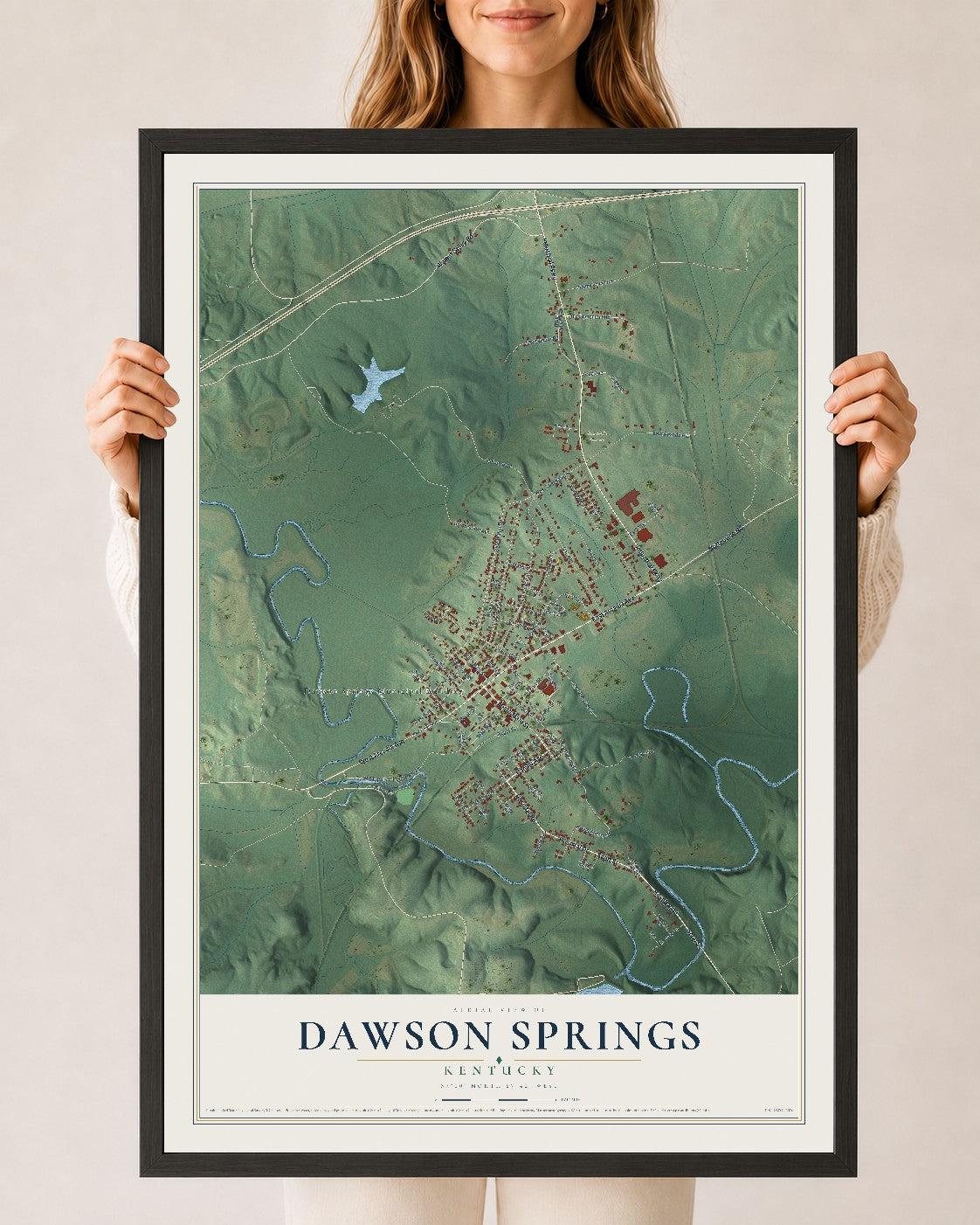 Map of Dawson Springs, Kentucky, 24 x 36 inch print in a black wood frame