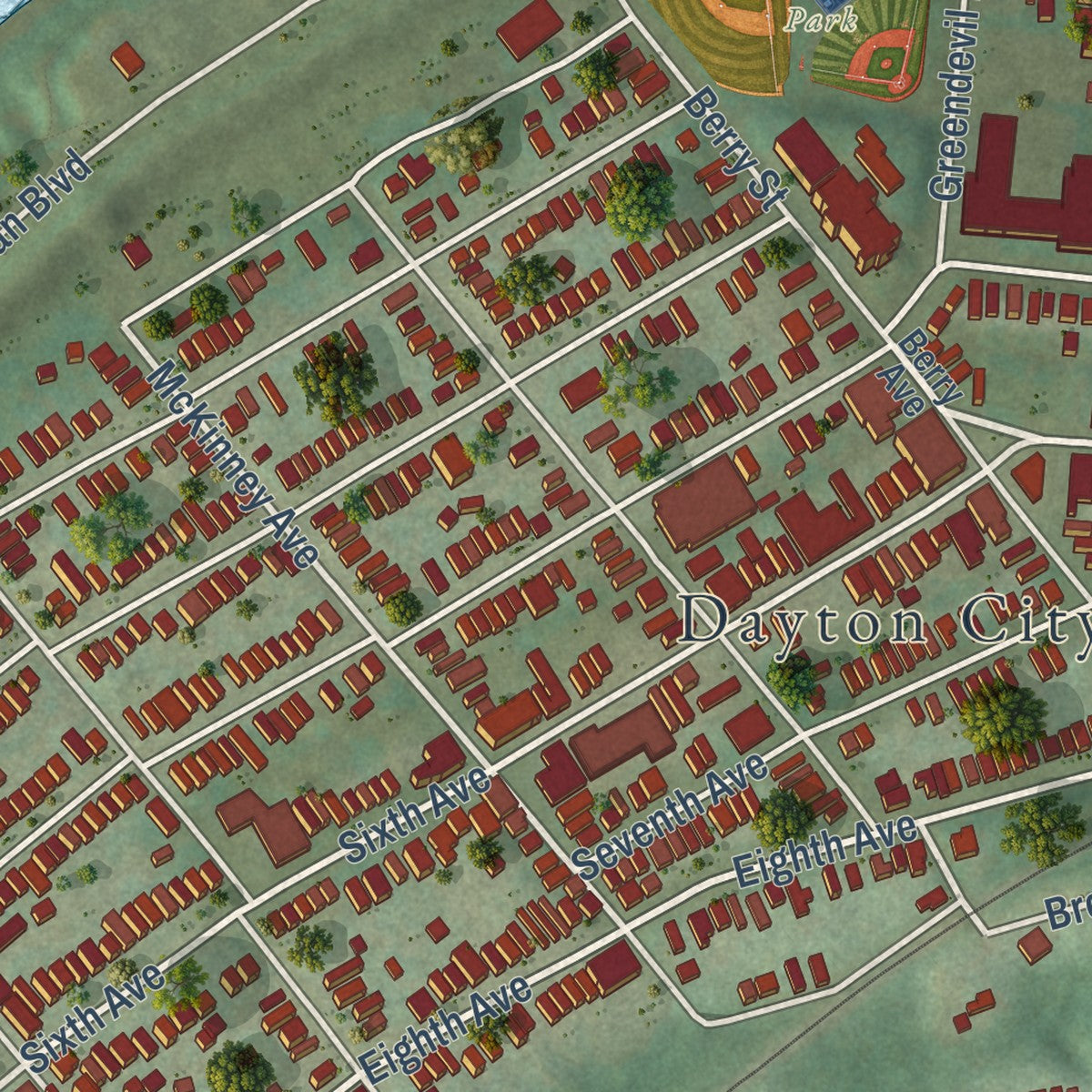 Close-up of the map of Dayton, Kentucky print showing street and building detail