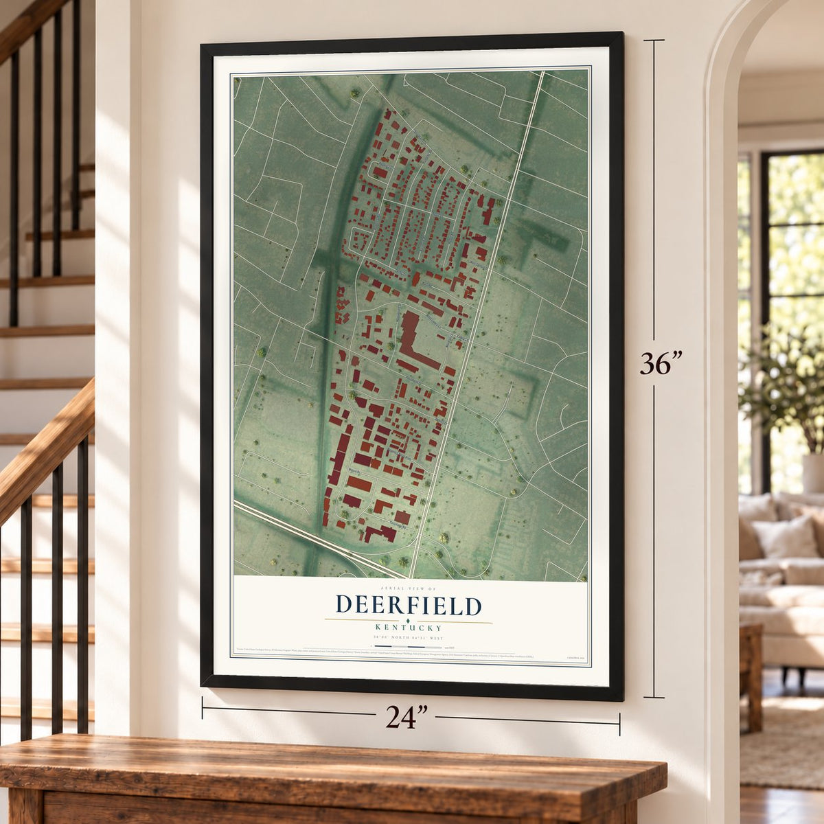 Deerfield, Kentucky map, 24 x 36 inch print in a black frame by a staircase