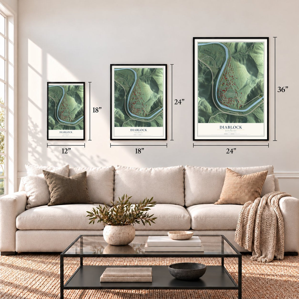 Diablock, Kentucky map in 12 x 18, 18 x 24 and 24 x 36 inch sizes above a sofa