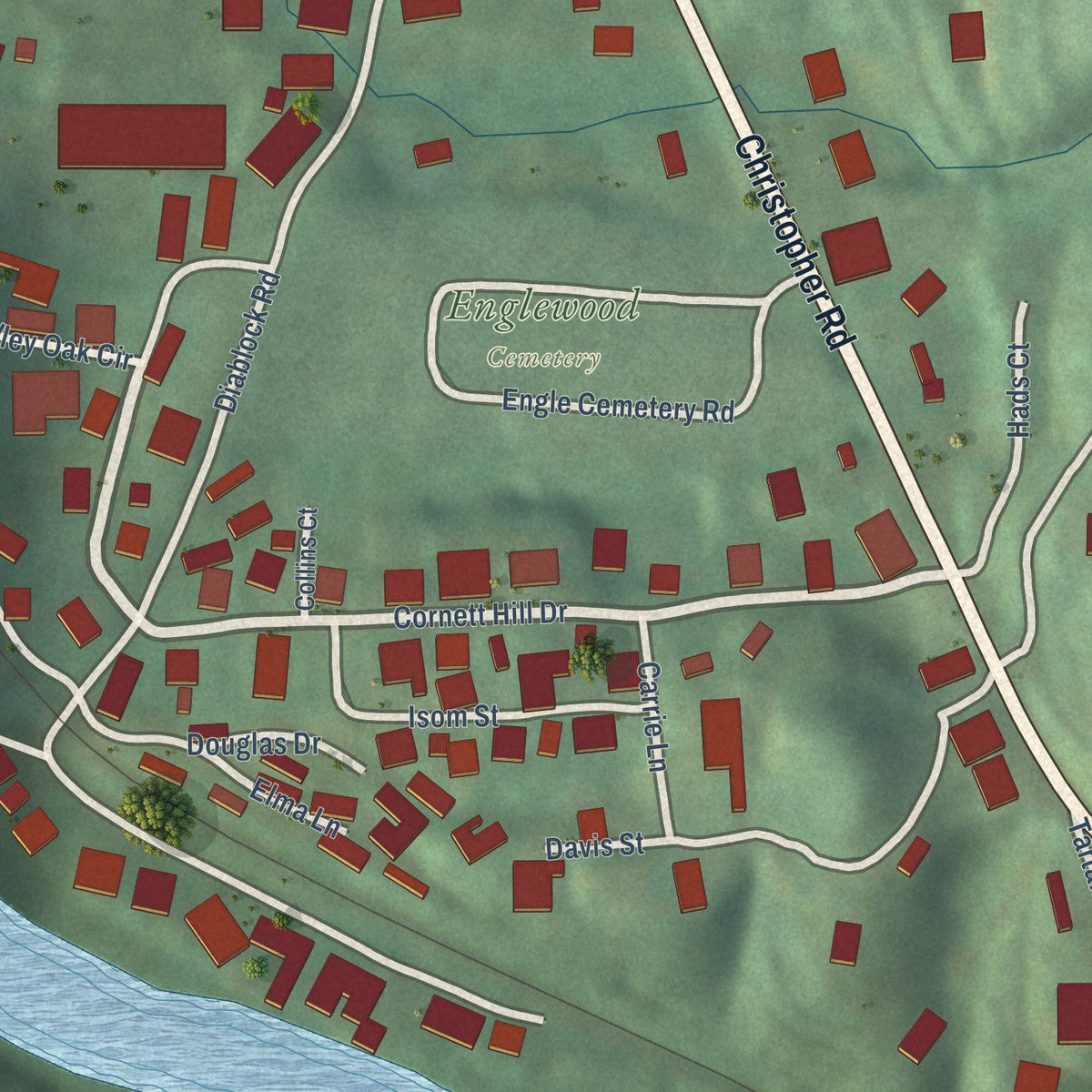 Close-up of the map of Diablock, Kentucky print showing street and building detail
