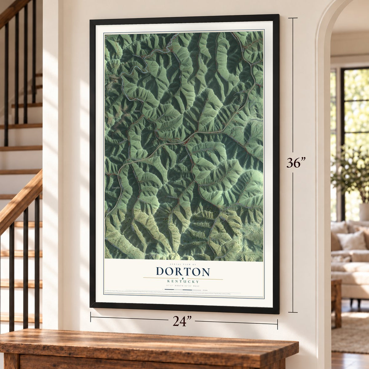 Dorton, Kentucky map, 24 x 36 inch print in a black frame by a staircase