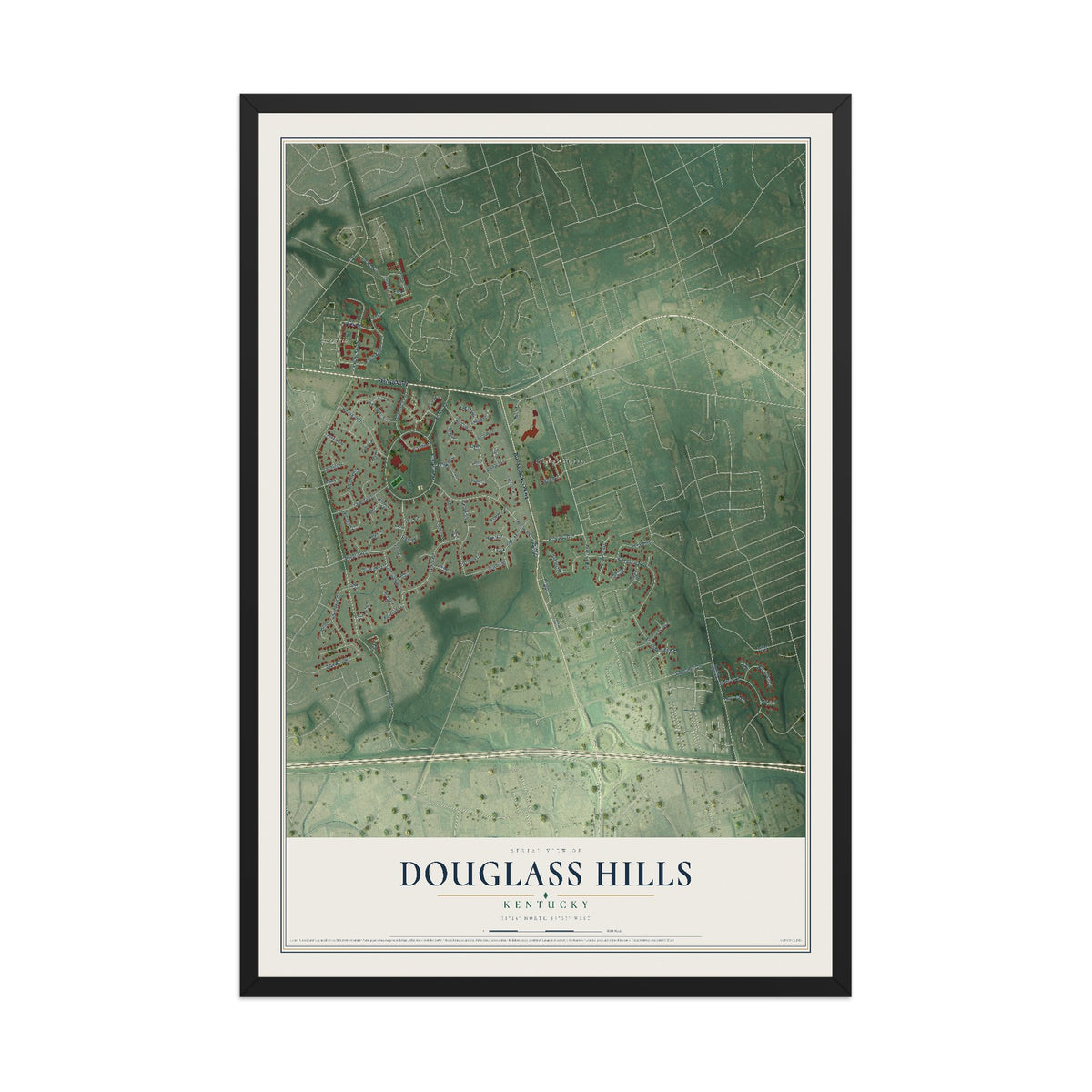 Map of Douglass Hills, Kentucky, 12 x 18 inch print in a black wood frame