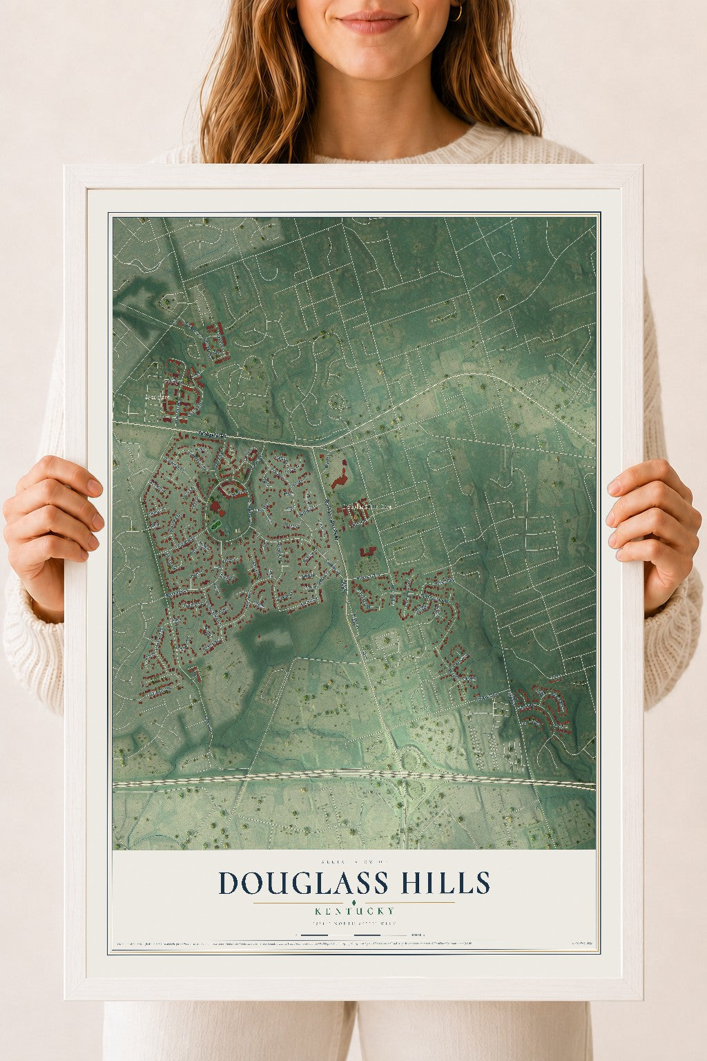 Map of Douglass Hills, Kentucky, 18 x 24 inch print in a white wood frame