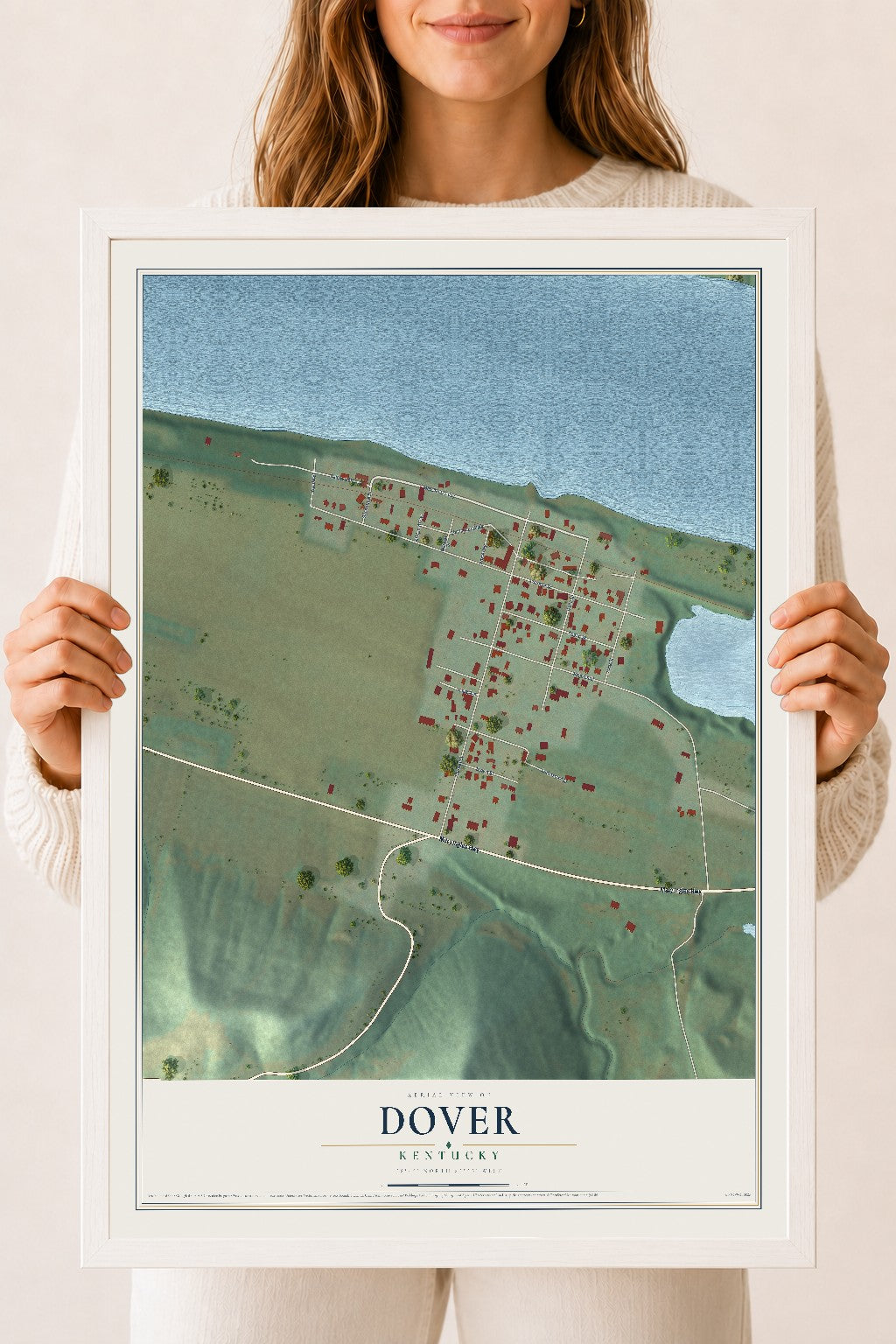 Map of Dover, Kentucky, 18 x 24 inch print in a white wood frame