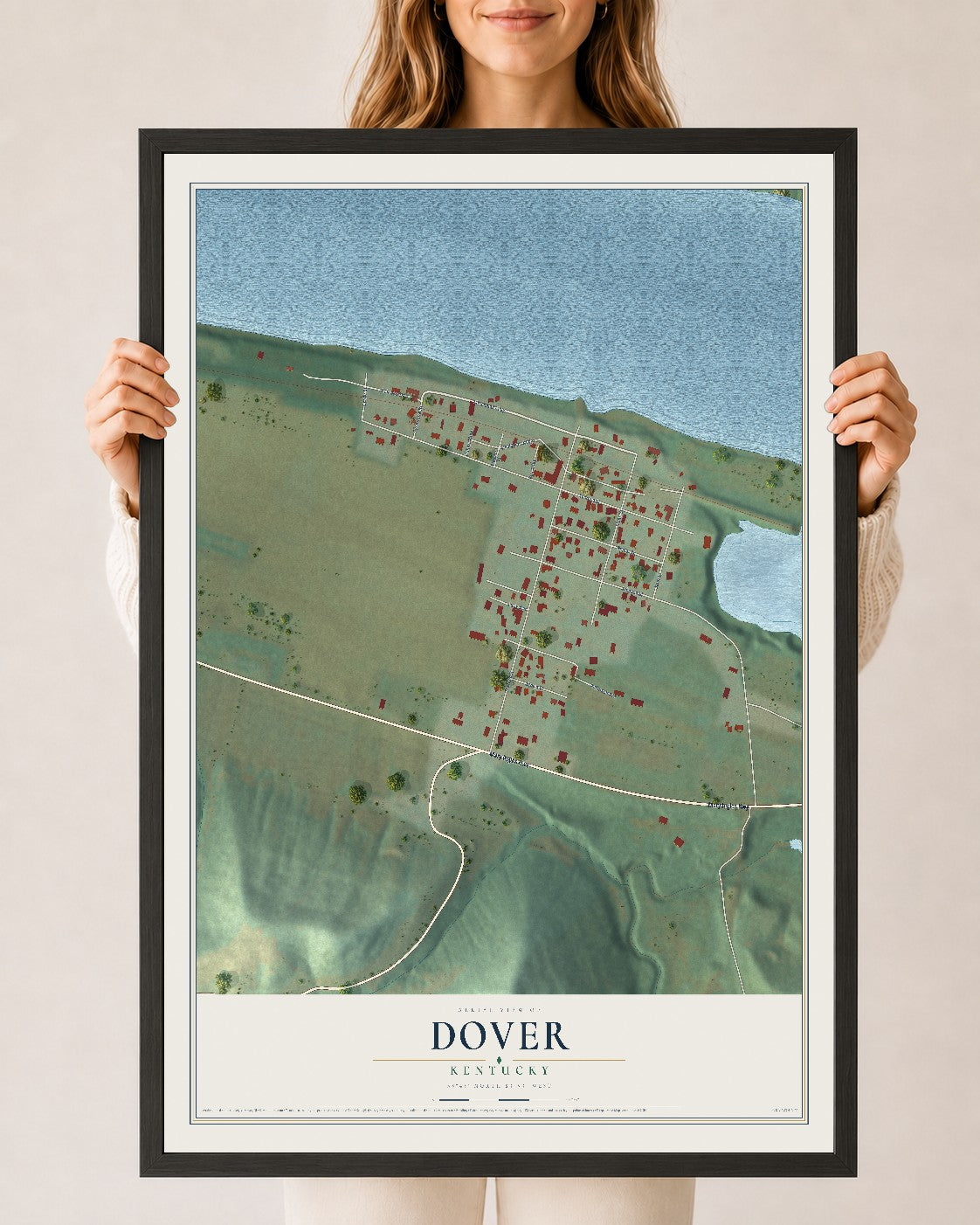 Map of Dover, Kentucky, 24 x 36 inch print in a black wood frame