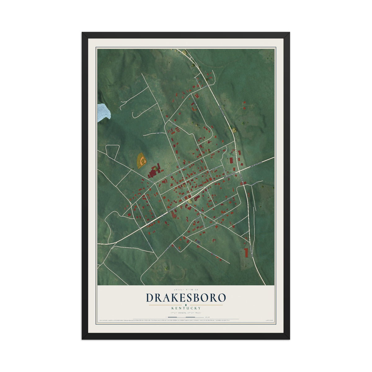Map of Drakesboro, Kentucky, 12 x 18 inch print in a black wood frame