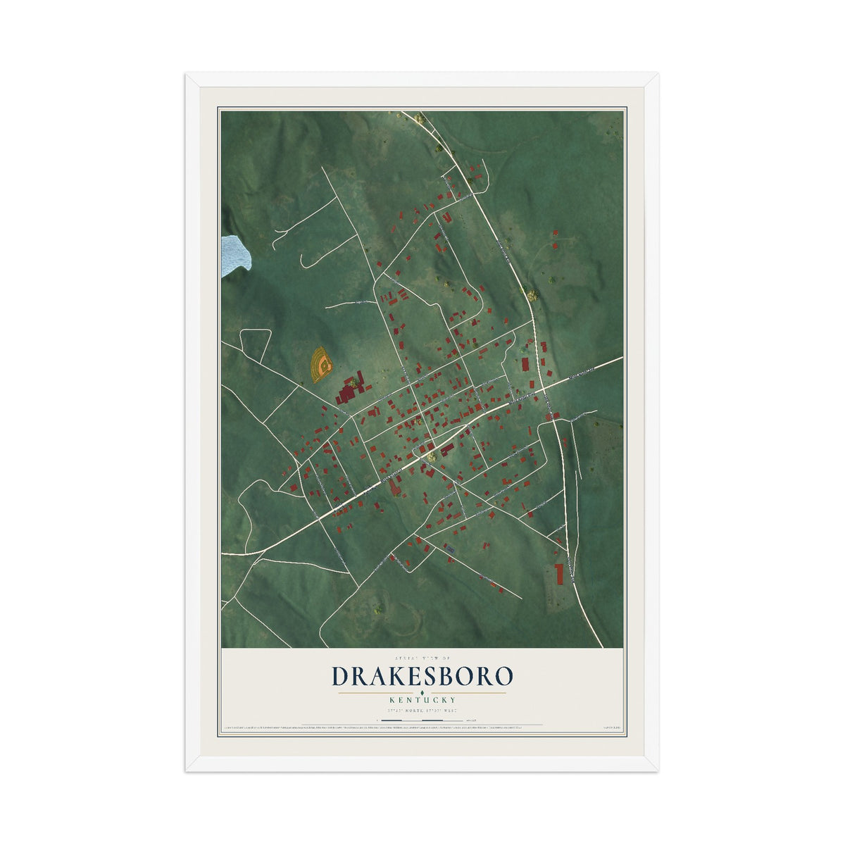 Map of Drakesboro, Kentucky, 12 x 18 inch print in a white wood frame