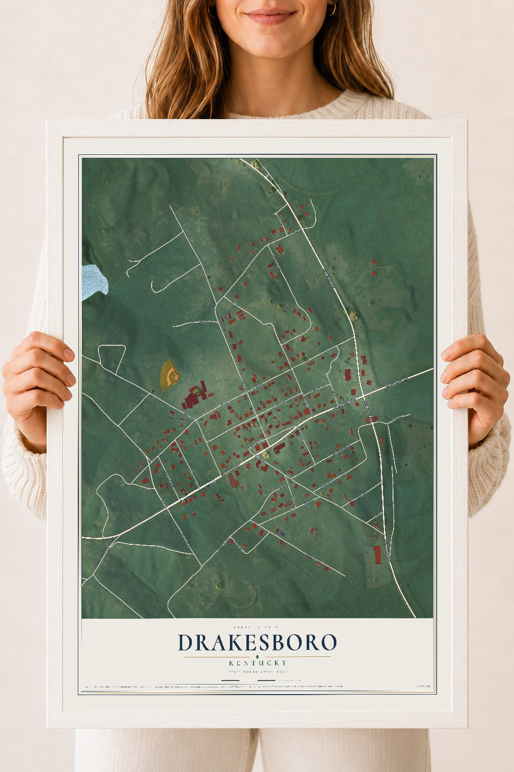 Map of Drakesboro, Kentucky, 18 x 24 inch print in a white wood frame