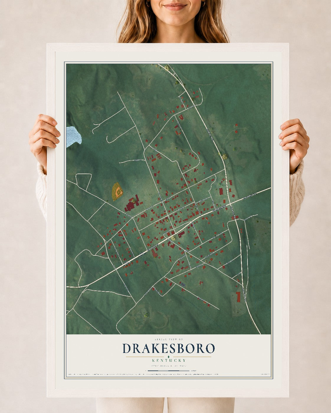 Map of Drakesboro, Kentucky, 24 x 36 inch print in a white wood frame