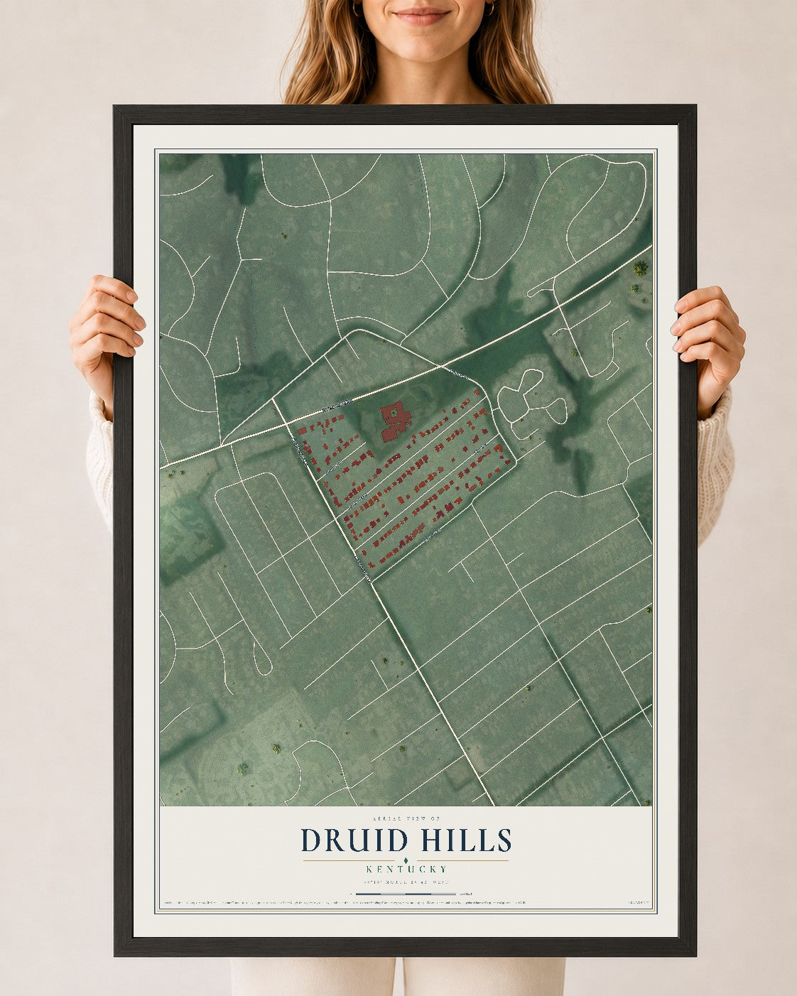 Map of Druid Hills, Kentucky, 24 x 36 inch print in a black wood frame