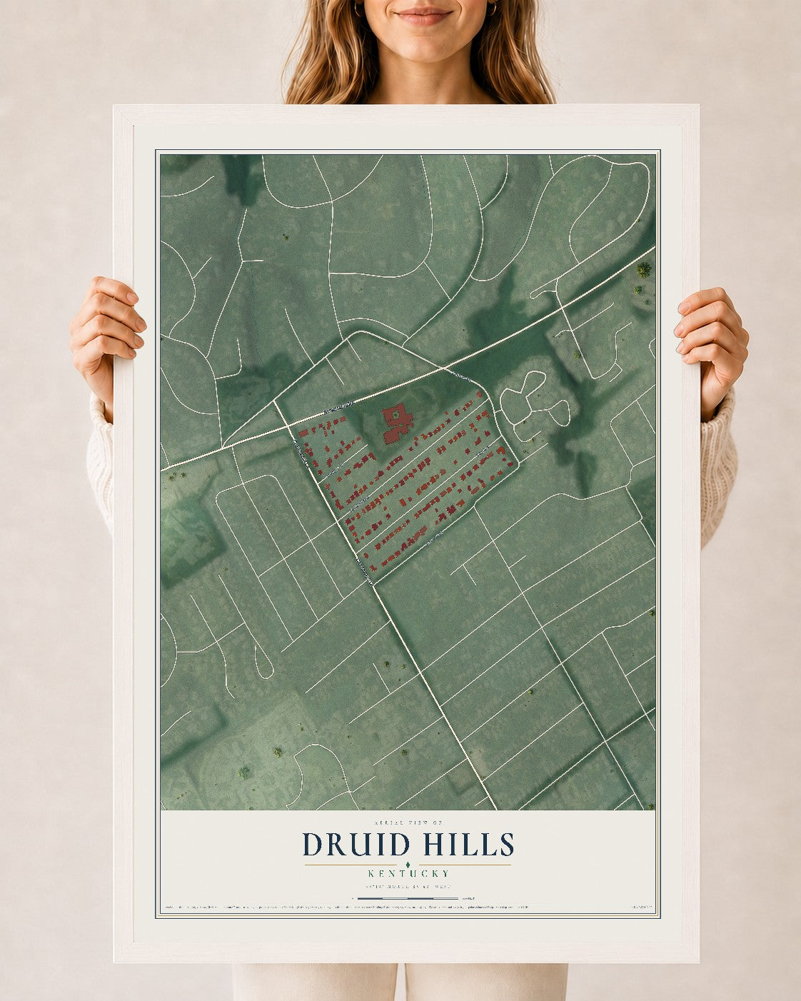 Map of Druid Hills, Kentucky, 24 x 36 inch print in a white wood frame