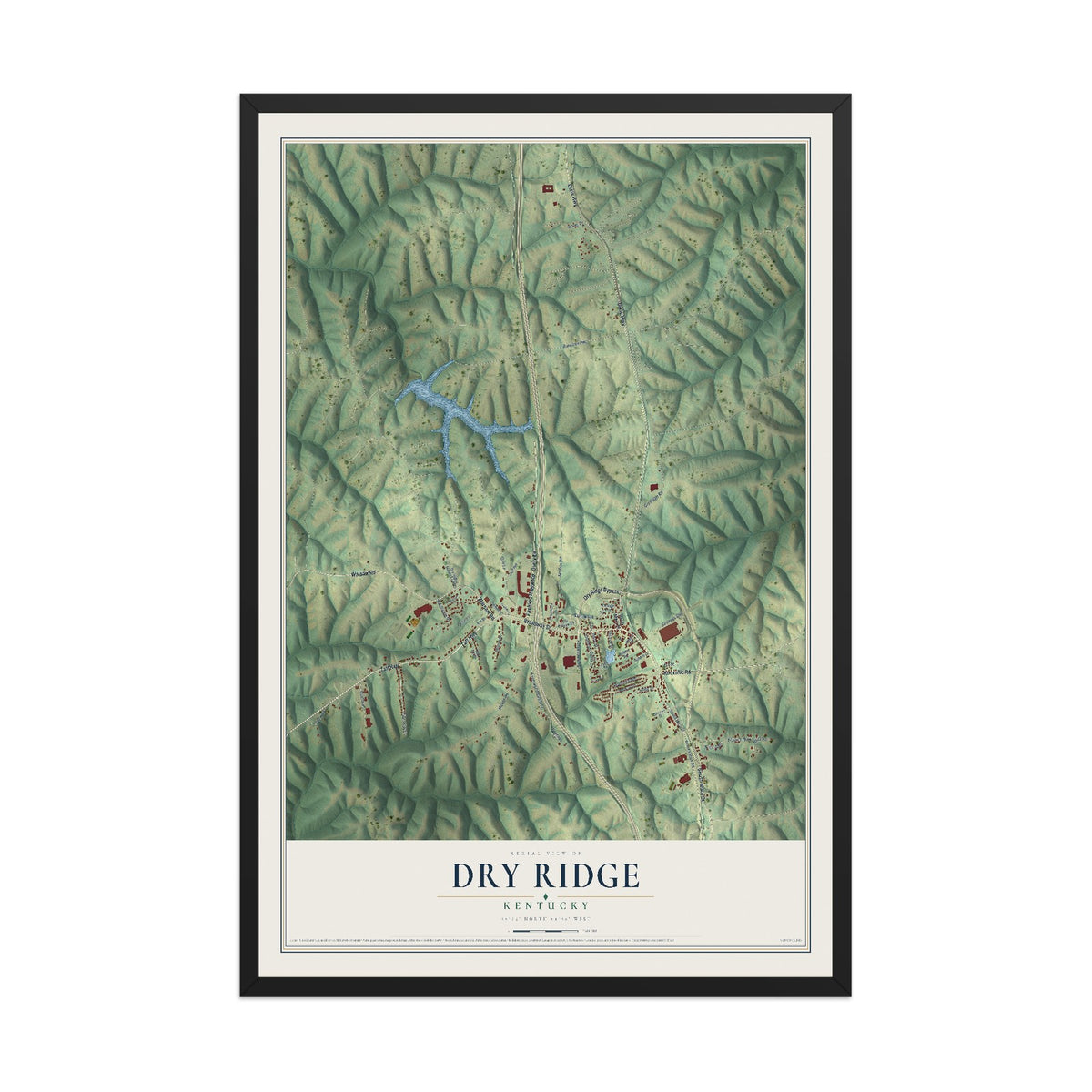 Map of Dry Ridge, Kentucky, 12 x 18 inch print in a black wood frame