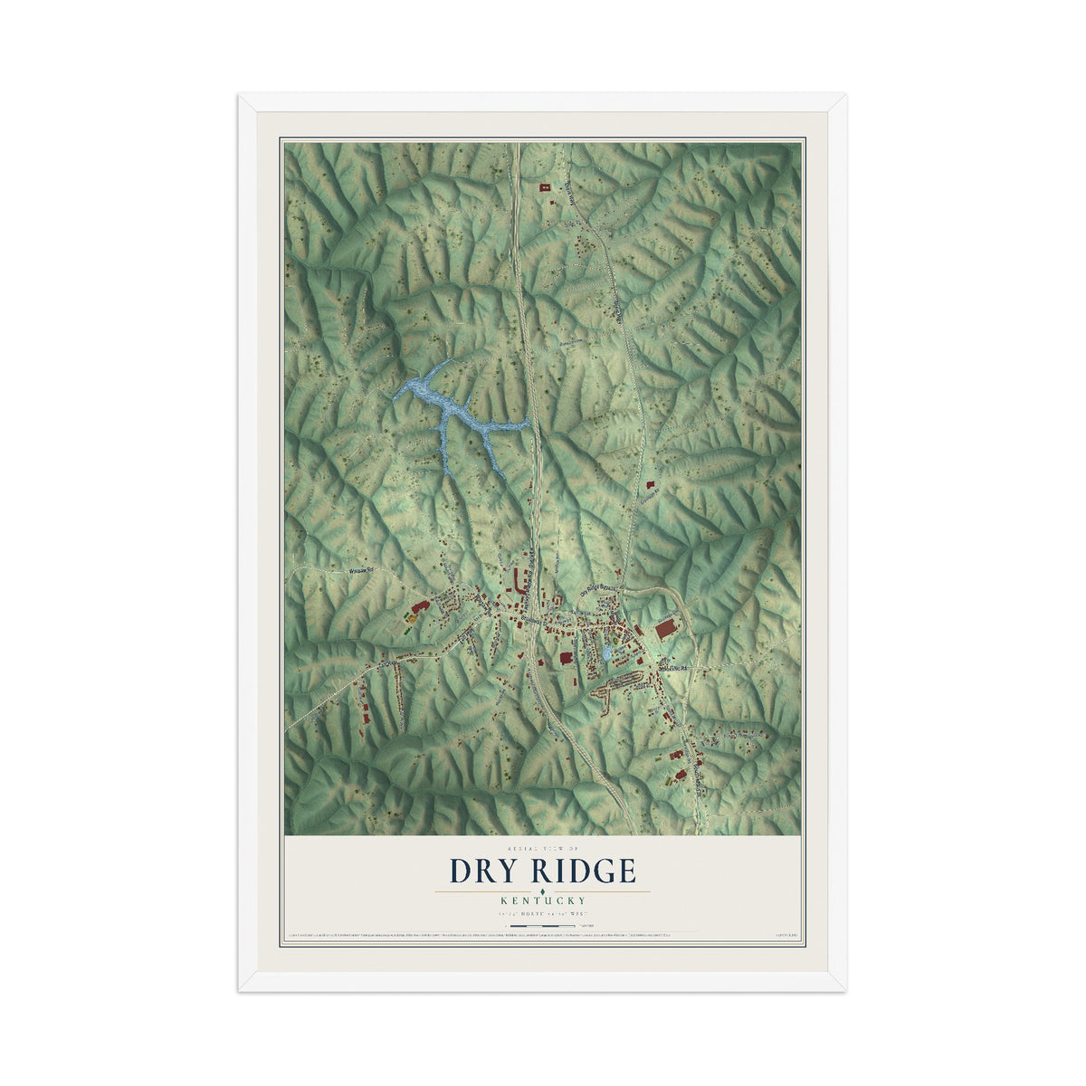 Map of Dry Ridge, Kentucky, 12 x 18 inch print in a white wood frame
