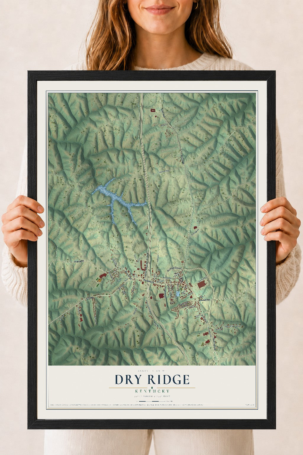 Map of Dry Ridge, Kentucky, 18 x 24 inch print in a black wood frame