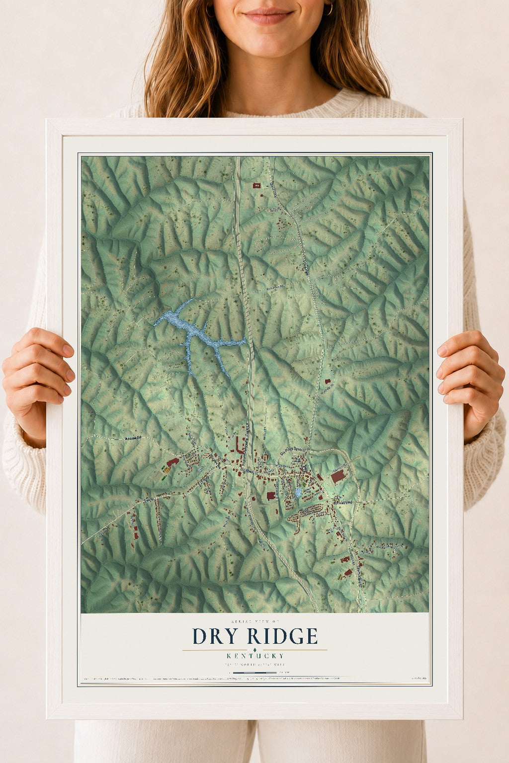 Map of Dry Ridge, Kentucky, 18 x 24 inch print in a white wood frame
