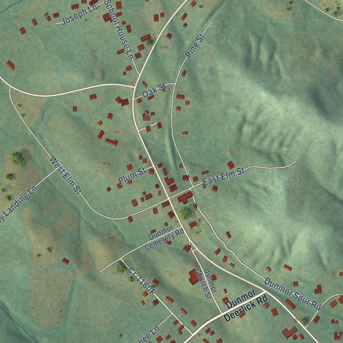 Close-up of the map of Dunmor, Kentucky print showing street and building detail
