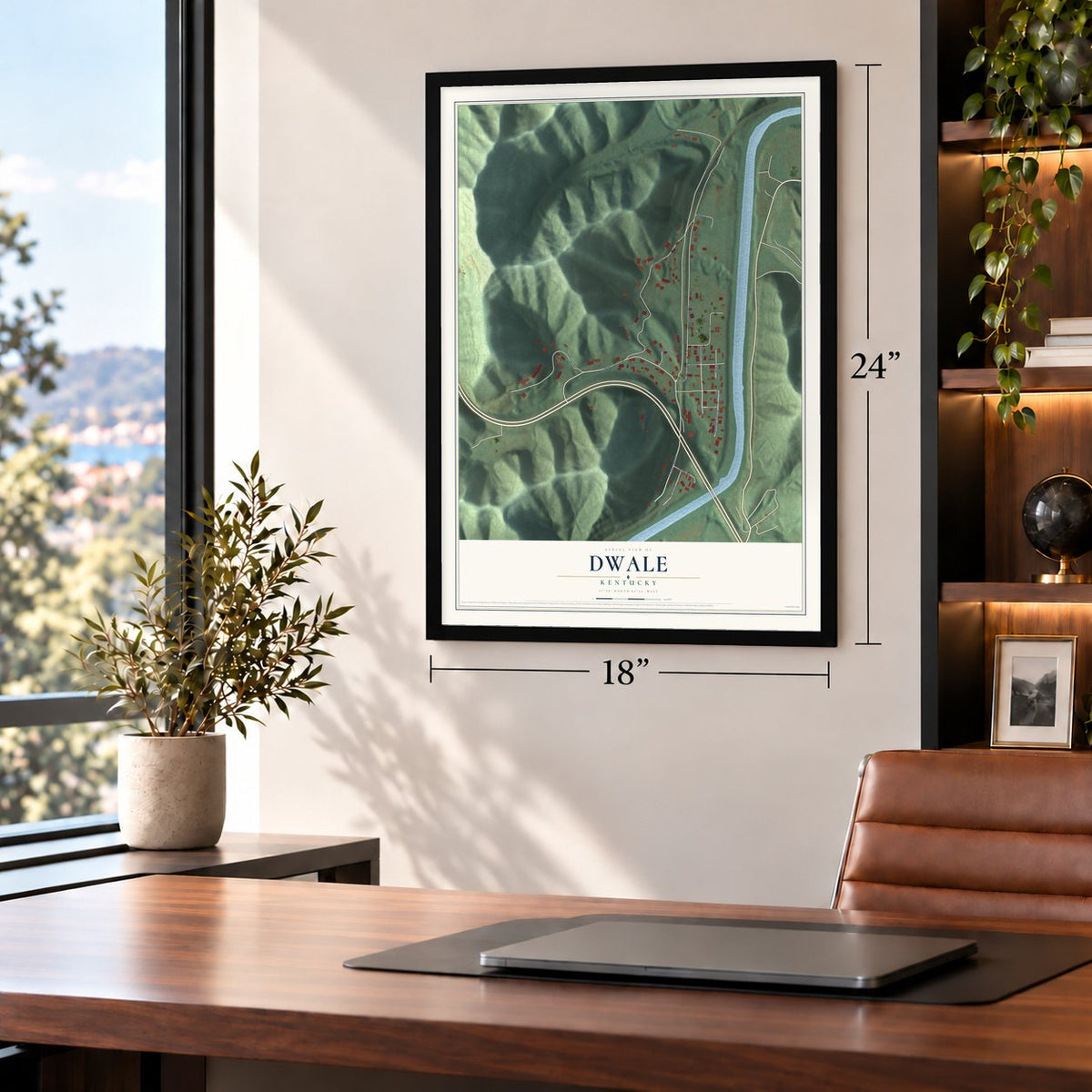 Dwale, Kentucky map, 18 x 24 inch print in a black frame in a home office