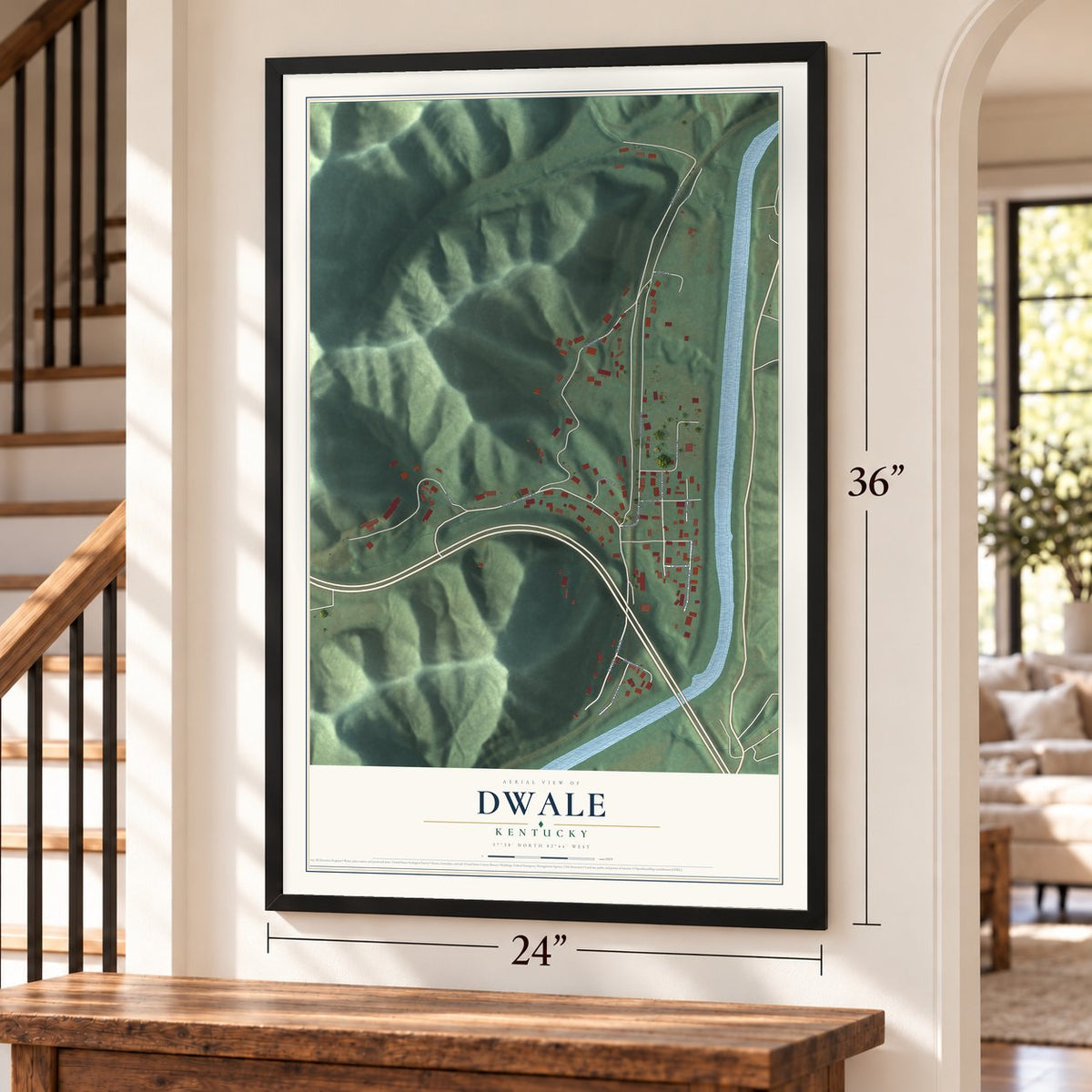 Dwale, Kentucky map, 24 x 36 inch print in a black frame by a staircase